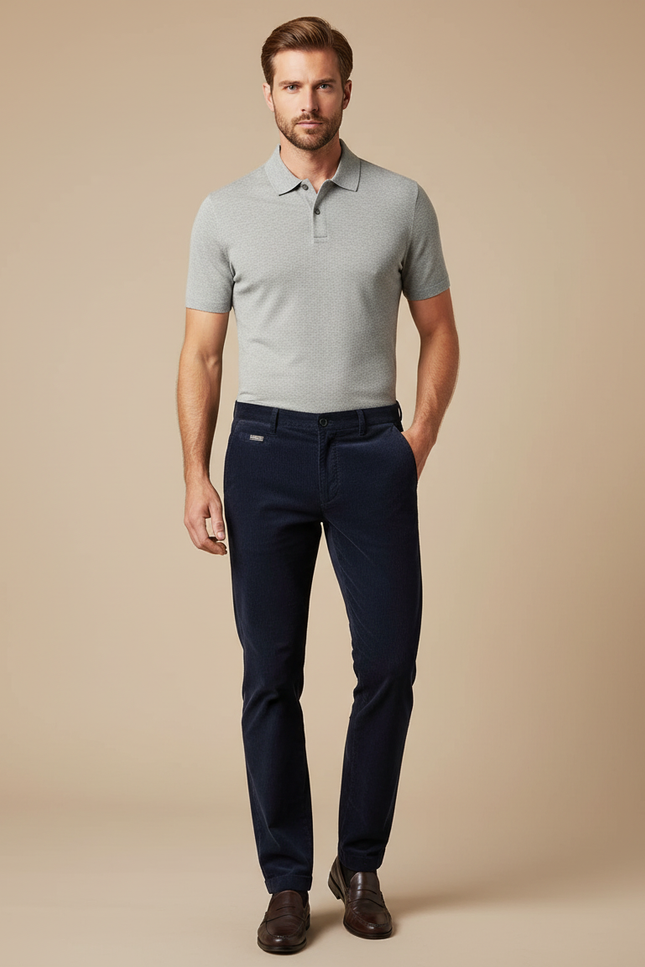 Pantalon Chino Bleu Marine Côtelé Slim Homme - Cordé