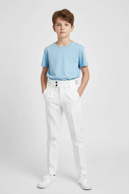 Pantalon Chino Blanc Taille Haute Plissé Enfant - Gabardine