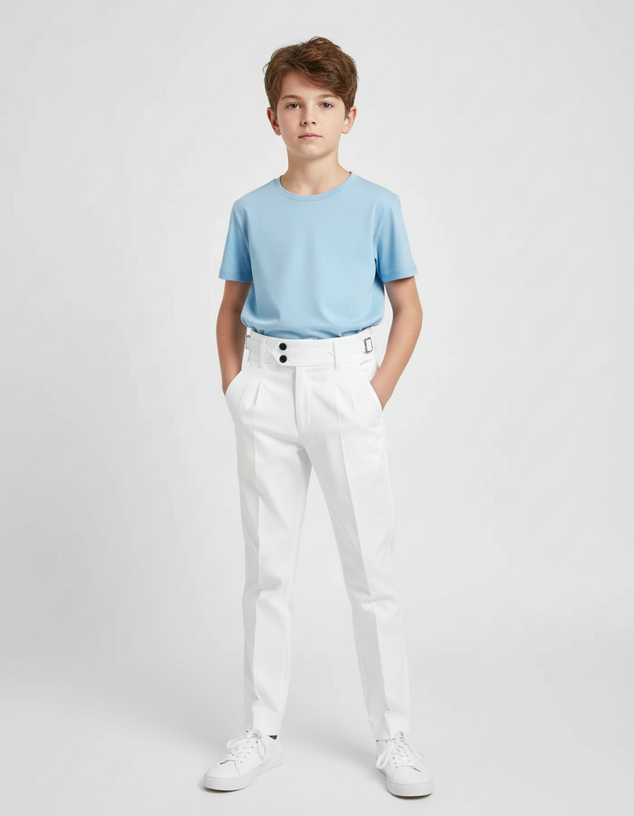 Pantalon Chino Blanc Taille Haute Plissé Enfant - Gabardine