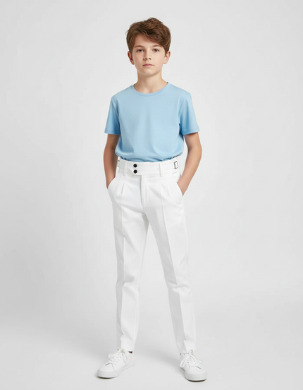 Pantalon Chino Blanc Taille Haute Plissé Enfant - Gabardine