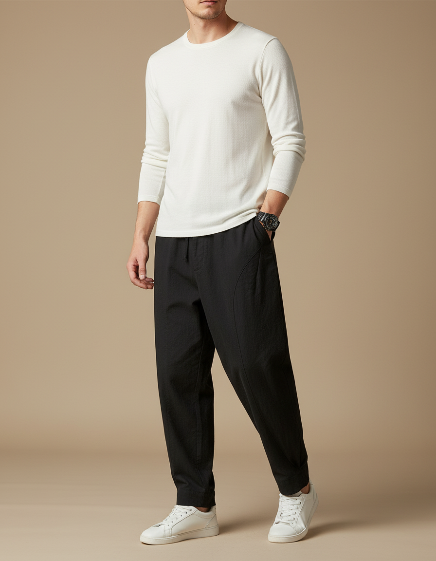 Pantalon Chino Noir Ample Décontracté Coton Homme