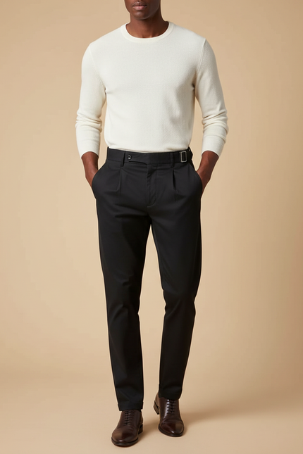 Pantalon Chino Noir Plissé Élégant Homme - Gabardine