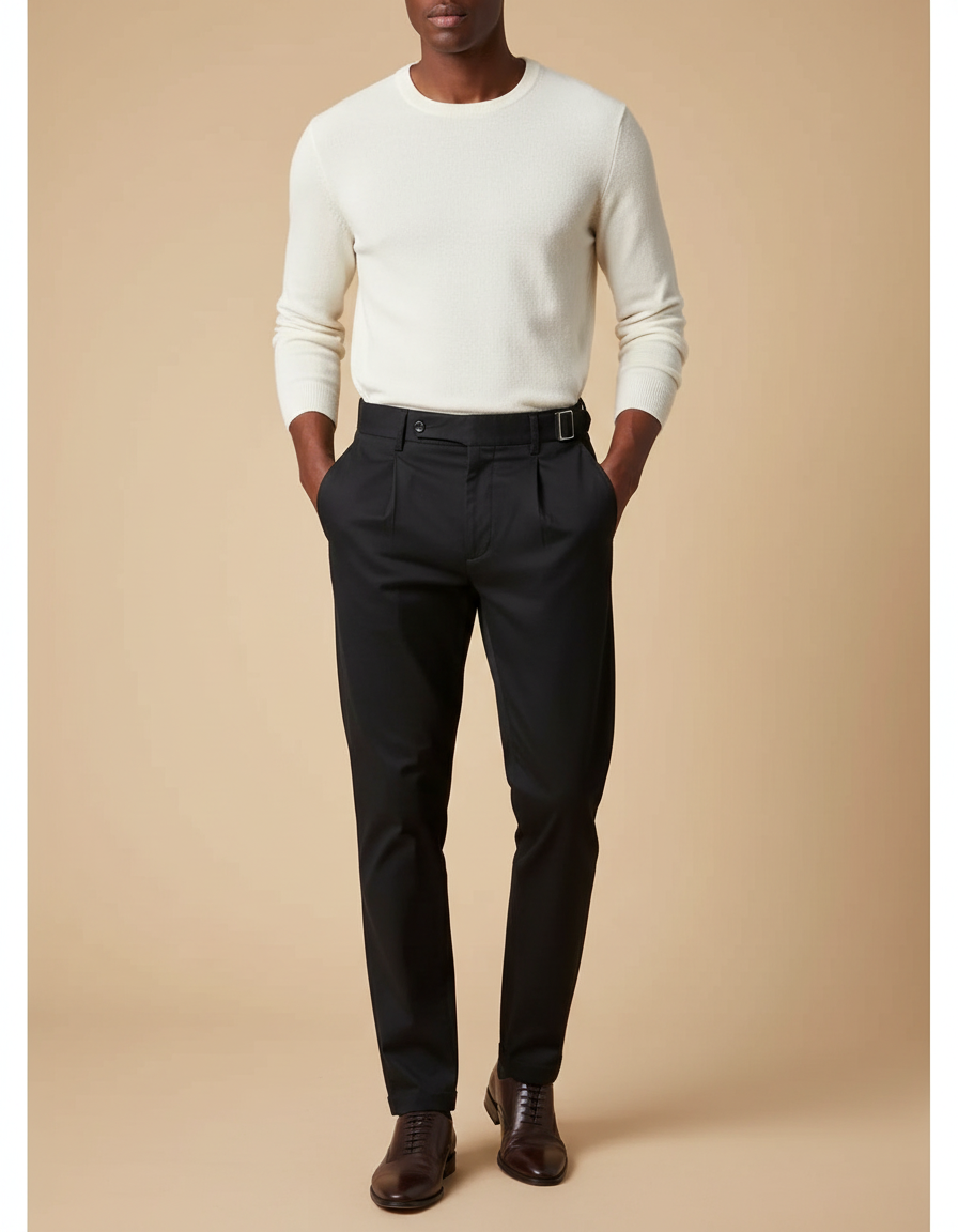 Pantalon Chino Noir Plissé Élégant Homme - Gabardine