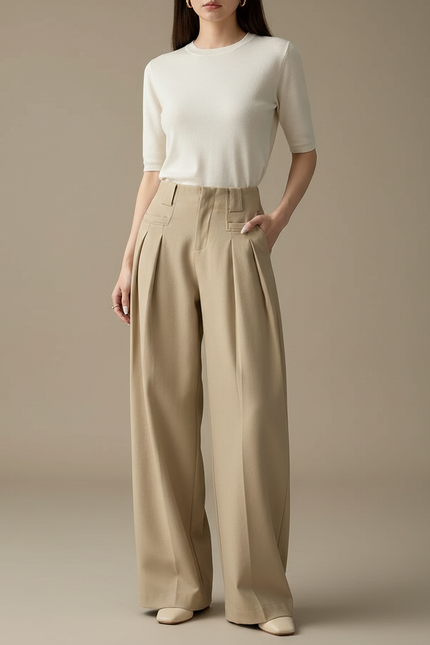 Pantalon Chino Beige Plissé Ample Taille Haute Femme - Gabardine