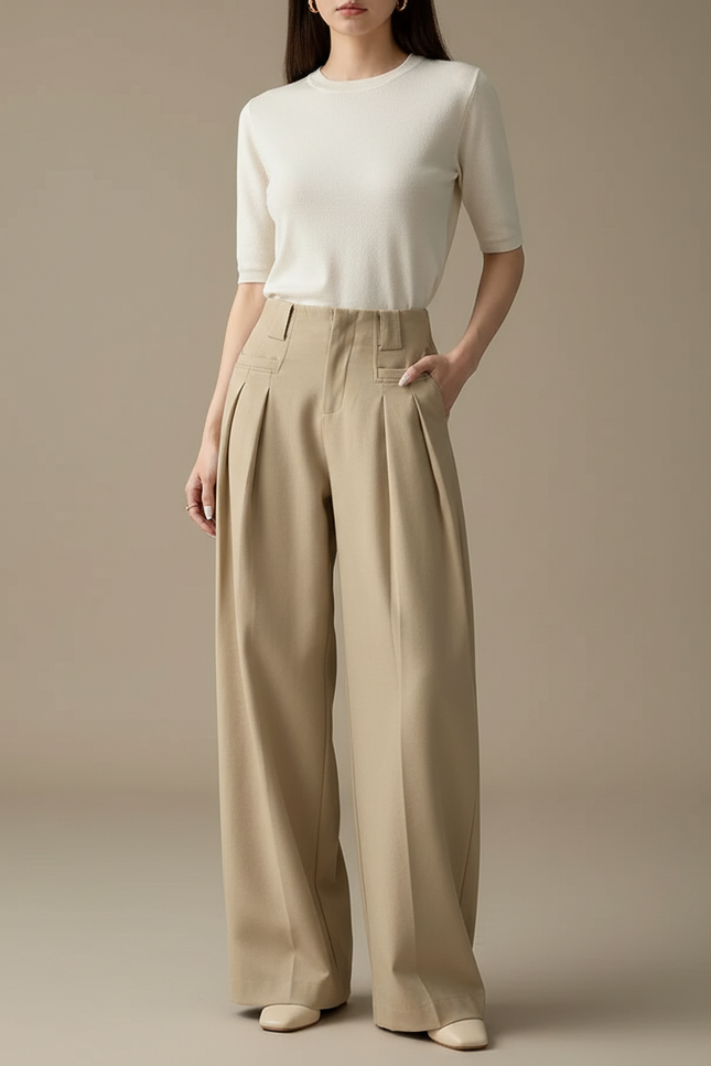 Pantalon Chino Beige Plissé Ample Taille Haute Femme - Gabardine