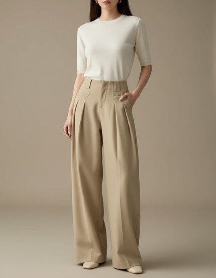 Pantalon Chino Beige Plissé Ample Taille Haute Femme - Gabardine