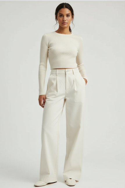 Pantalon Chino Beige Ample Coton Plissé Femme