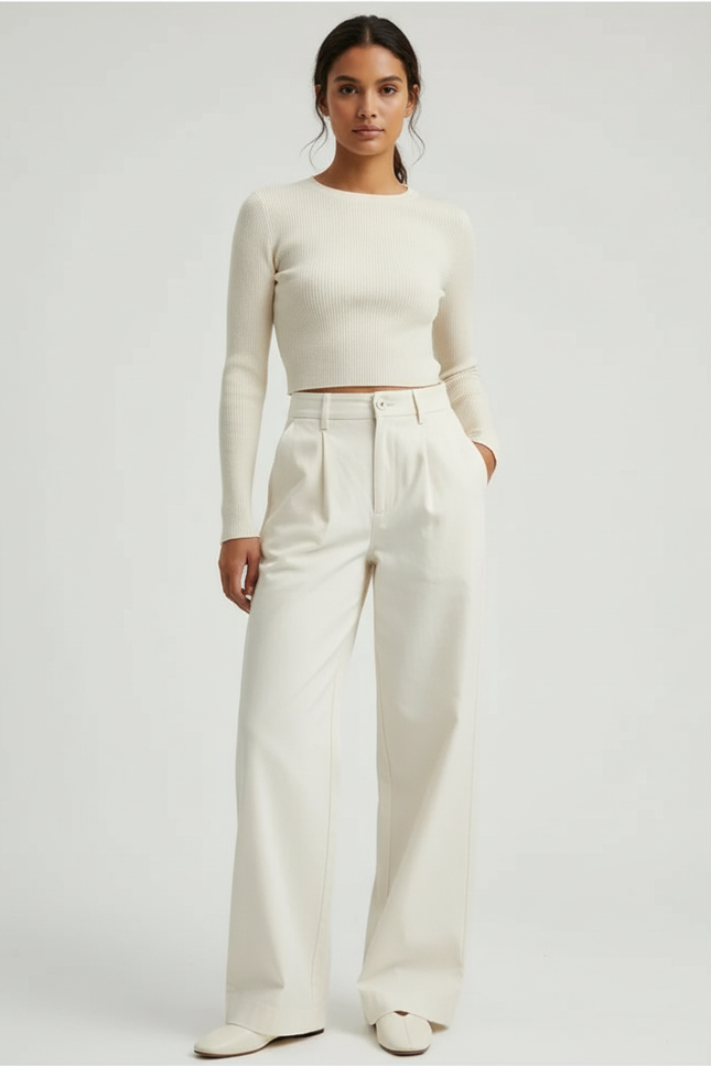 Pantalon Chino Beige Ample Coton Plissé Femme