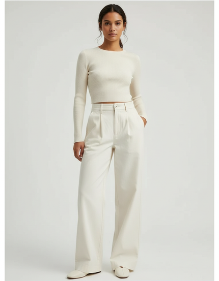 Pantalon Chino Beige Ample Coton Plissé Femme