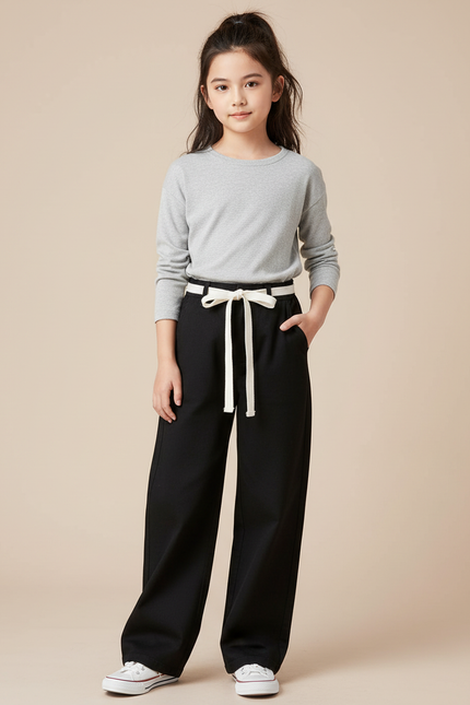Pantalon Chino Noir Large Taille Haute Cordon - Gabardine