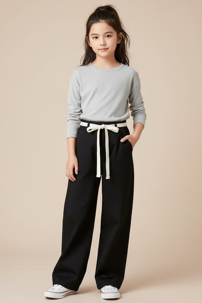 Pantalon Chino Noir Large Taille Haute Cordon - Gabardine