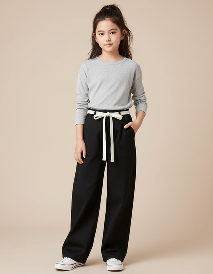 Pantalon Chino Noir Large Taille Haute Cordon - Gabardine
