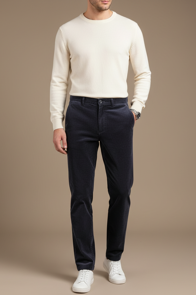 Pantalon Chino Velours Côtelé Bleu Marine Droit Homme - Cordé