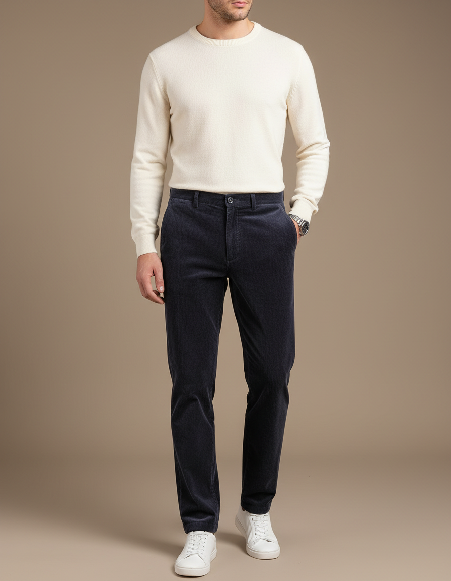 Pantalon Chino Velours Côtelé Bleu Marine Droit Homme - Cordé