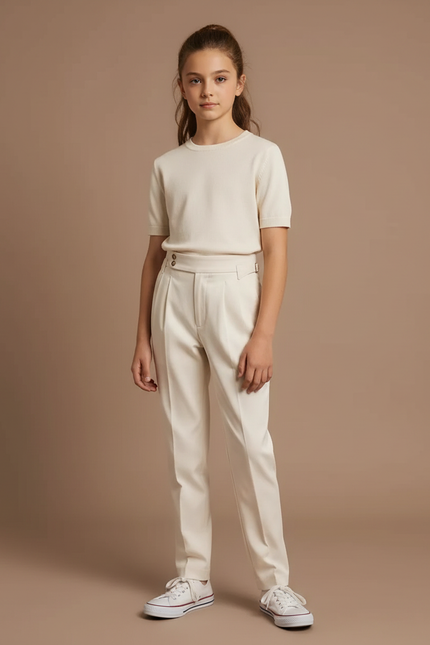 Pantalon Chino Crème Droit Plissé Élégant Fille - Beige Gabardine
