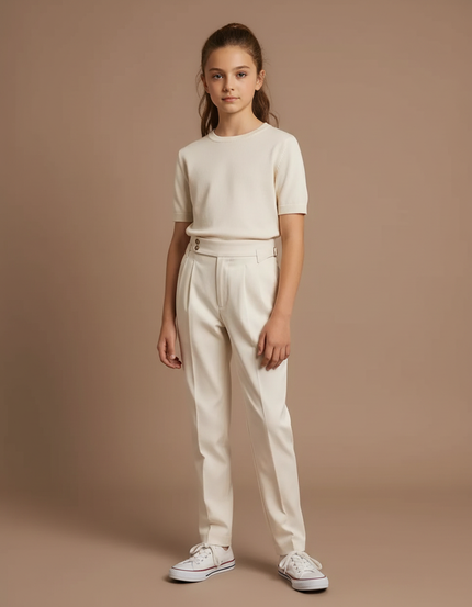 Pantalon Chino Crème Droit Plissé Élégant Fille - Beige Gabardine