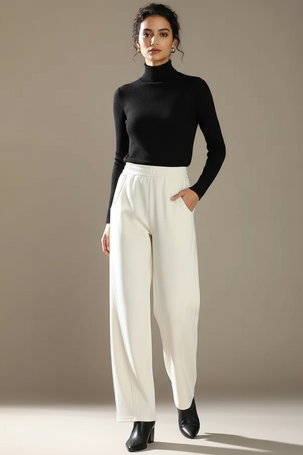 Pantalon Chino Crème Ample Taille Haute Femme Élégant - Blanc Coton