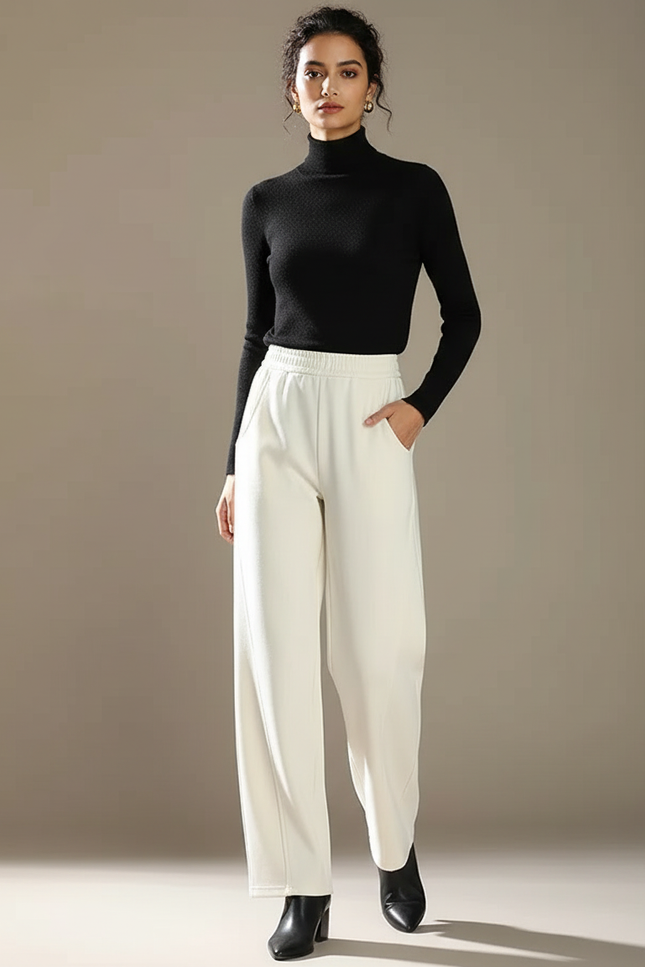 Pantalon Chino Crème Ample Taille Haute Femme Élégant - Blanc Coton