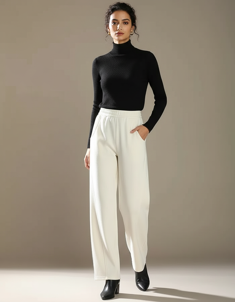 Pantalon Chino Crème Ample Taille Haute Femme Élégant - Blanc Coton