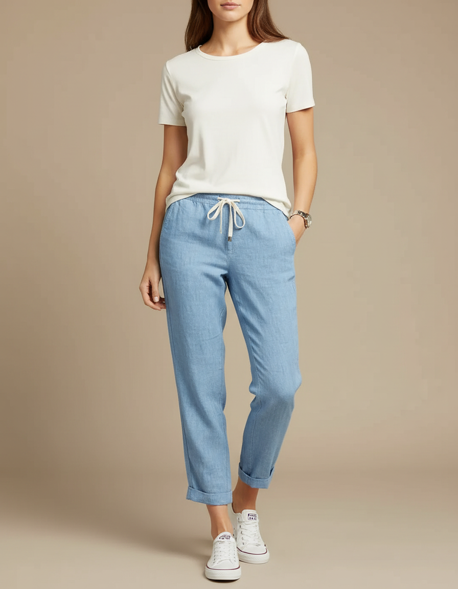 Pantalon Chino Bleu Ciel Lin Cordon Décontracté