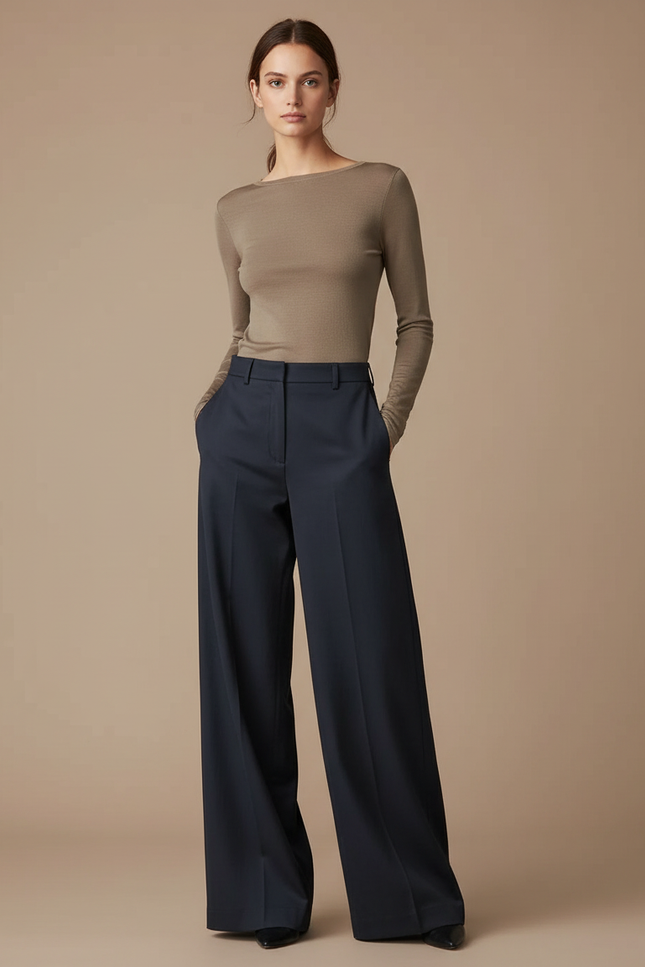 Pantalon Chino Bleu Marine Ample Taille Haute Élégant Femme - Gabardine