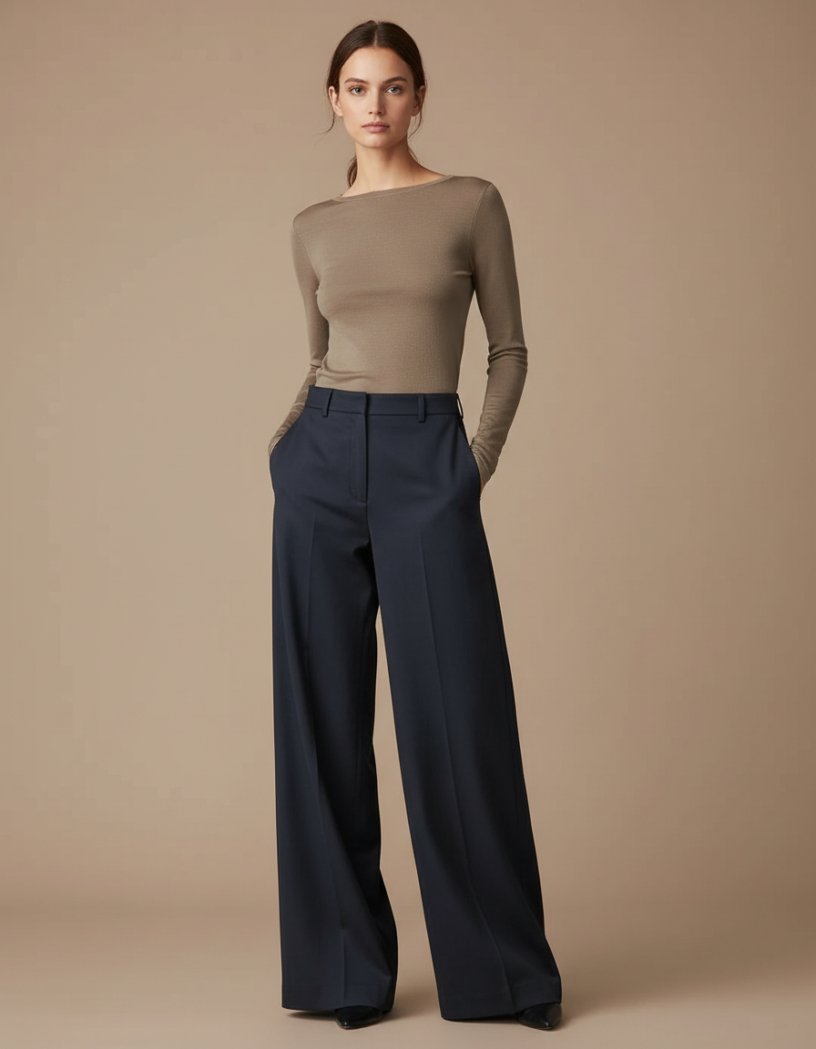 Pantalon Chino Bleu Marine Ample Taille Haute Élégant Femme - Gabardine