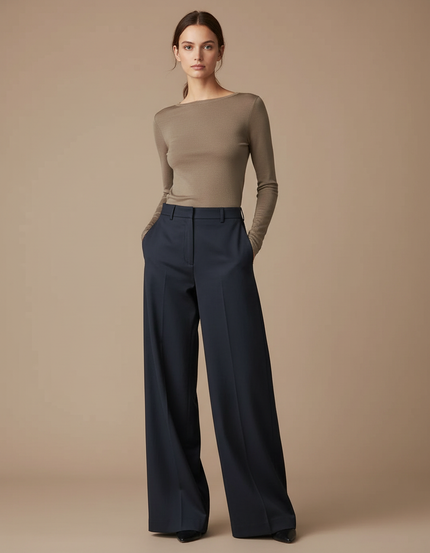 Pantalon Chino Bleu Marine Ample Taille Haute Élégant Femme - Gabardine