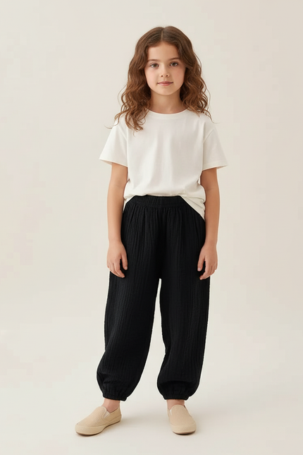 Pantalon Chino Noir Ample Texturé Fille Décontracté - Coton