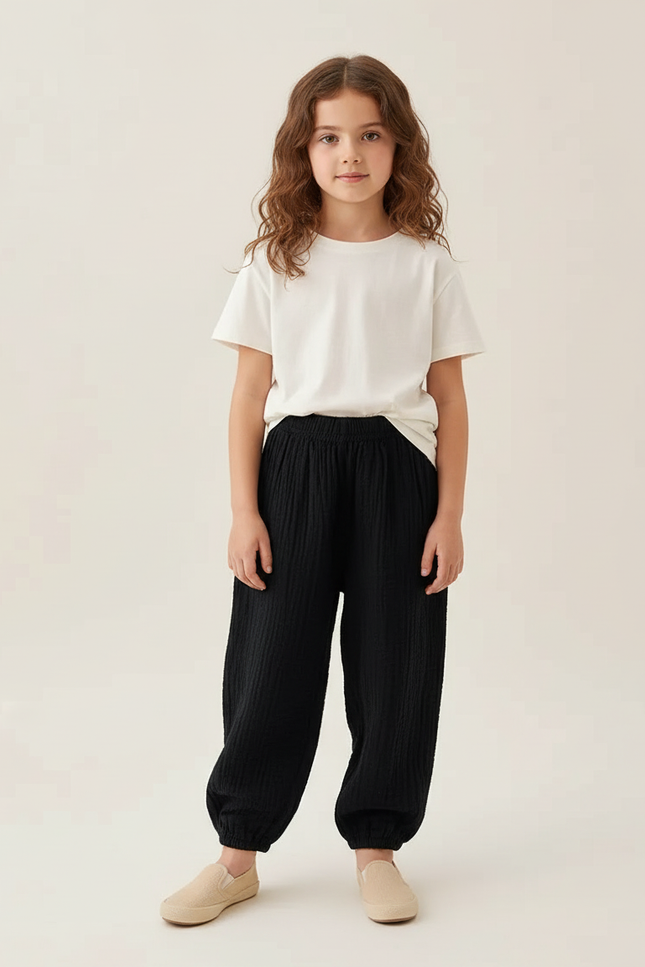 Pantalon Chino Noir Ample Texturé Fille Décontracté - Coton