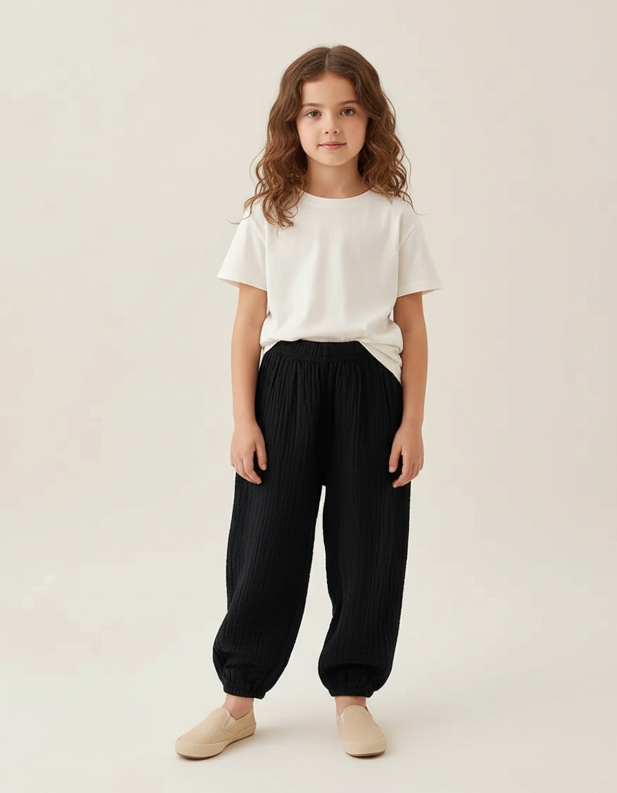 Pantalon Chino Noir Ample Texturé Fille Décontracté - Coton