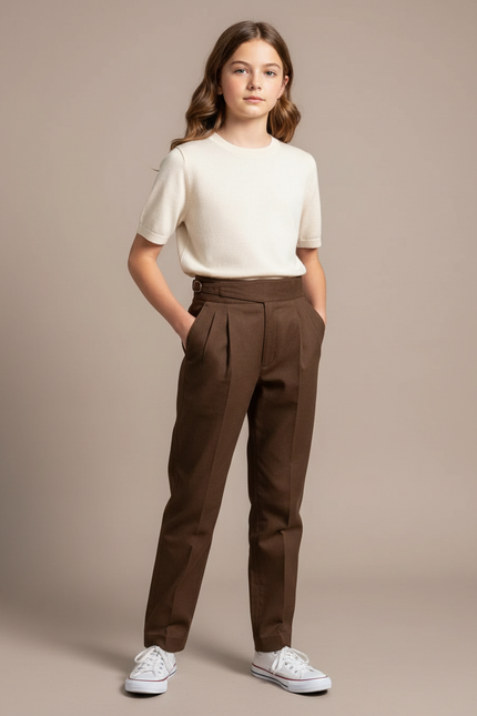 Pantalon Chino Marron Plissé Droit Élégant Femme - Gabardine