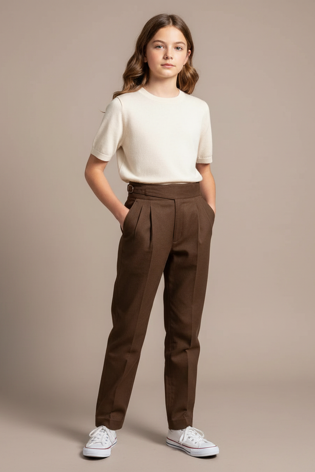 Pantalon Chino Marron Plissé Droit Élégant Femme - Gabardine