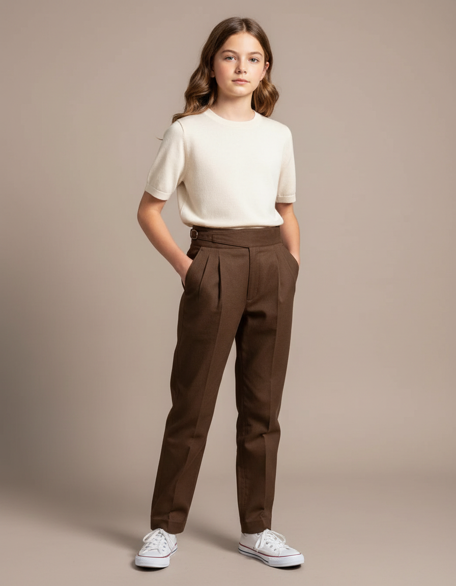 Pantalon Chino Marron Plissé Droit Élégant Femme - Gabardine
