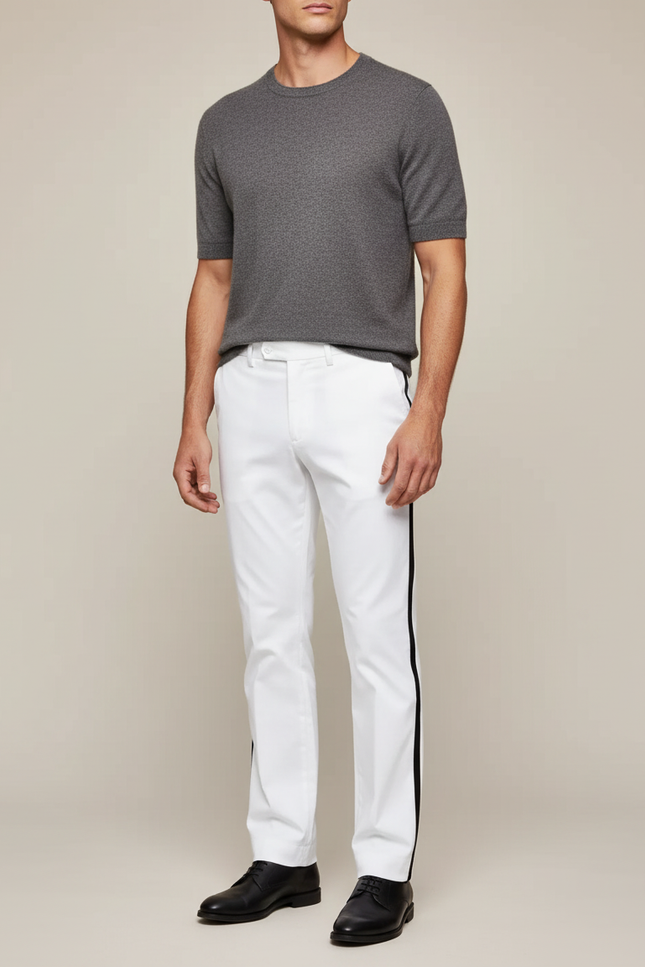 Pantalon Chino Blanc Bande Latérale Droite Élégant - Gabardine