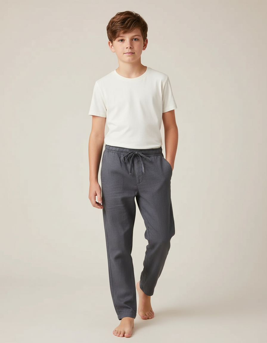 Pantalon Chino Gris Coton Lin Ample Garçon