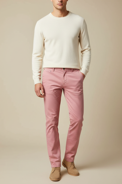 Pantalon Chino Rose Homme Slim Coton Décontracté