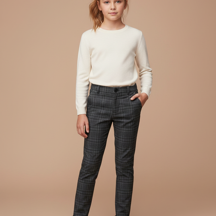 Pantalon Chino Carreaux Gris Slim Fille - Tweed