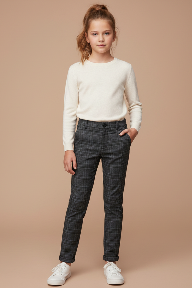 Pantalon Chino Carreaux Gris Slim Fille - Tweed