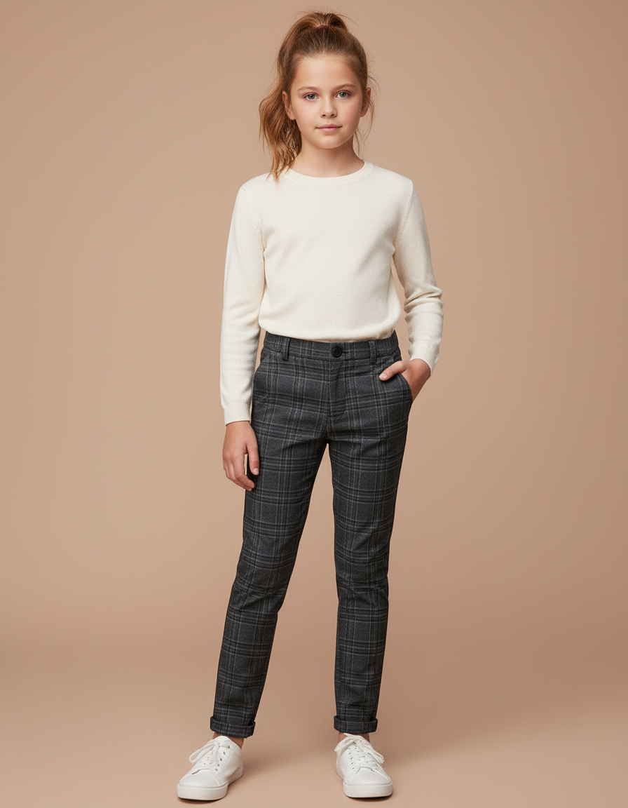 Pantalon Chino Carreaux Gris Slim Fille - Tweed