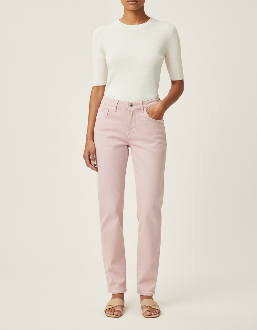 Pantalon Chino Rose Droit Taille Haute Coton Décontracté - Jean