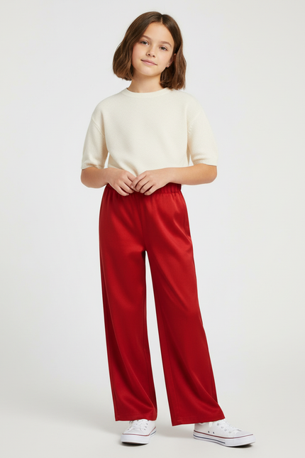 Pantalon Chino Rouge Satiné Ample Fluide Fille