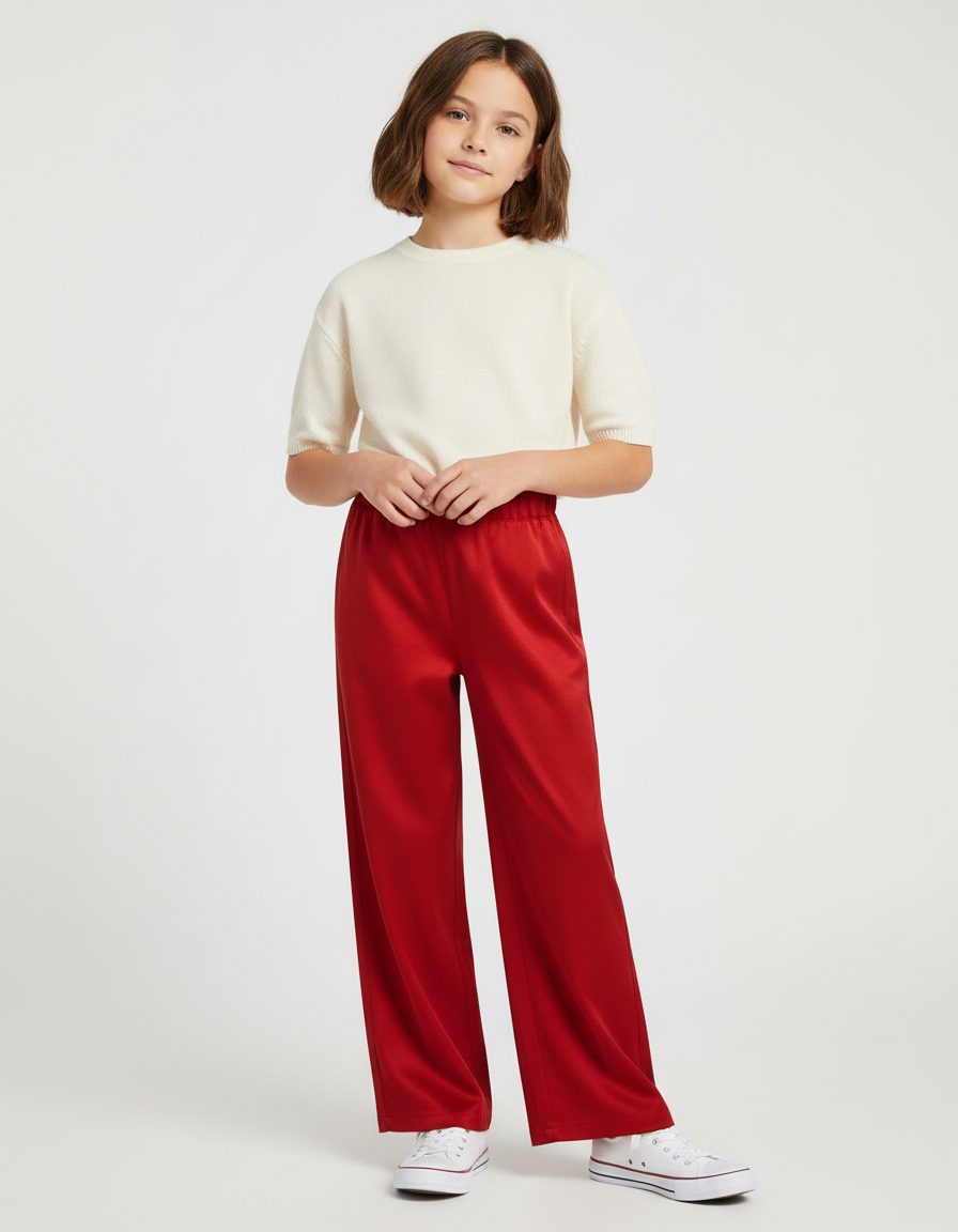 Pantalon Chino Rouge Satiné Ample Fluide Fille