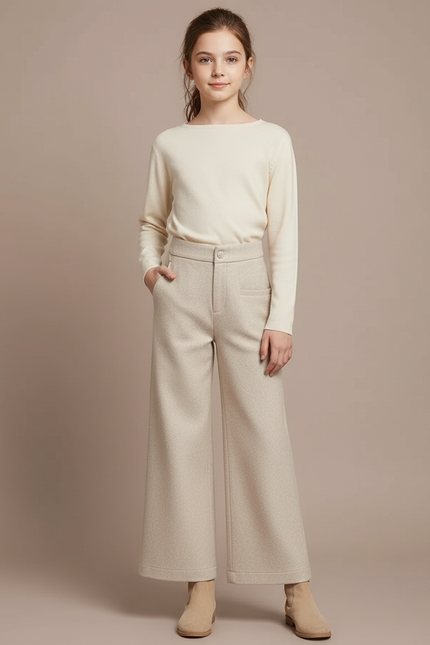Pantalon Chino Beige Ample Laine Épais Enfant - Tweed