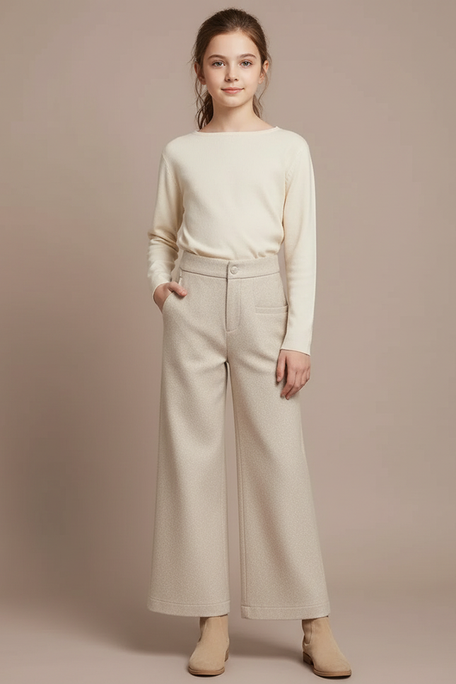 Pantalon Chino Beige Ample Laine Épais Enfant - Tweed