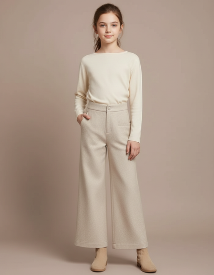 Pantalon Chino Beige Ample Laine Épais Enfant - Tweed