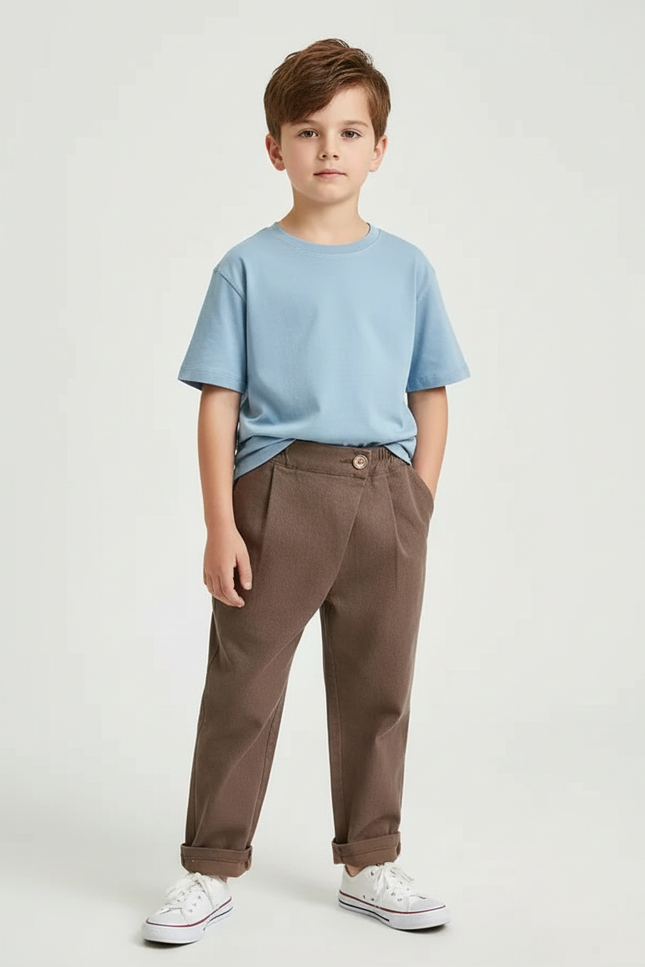 Pantalon Chino Marron Coton Ample Décontracté Garçon