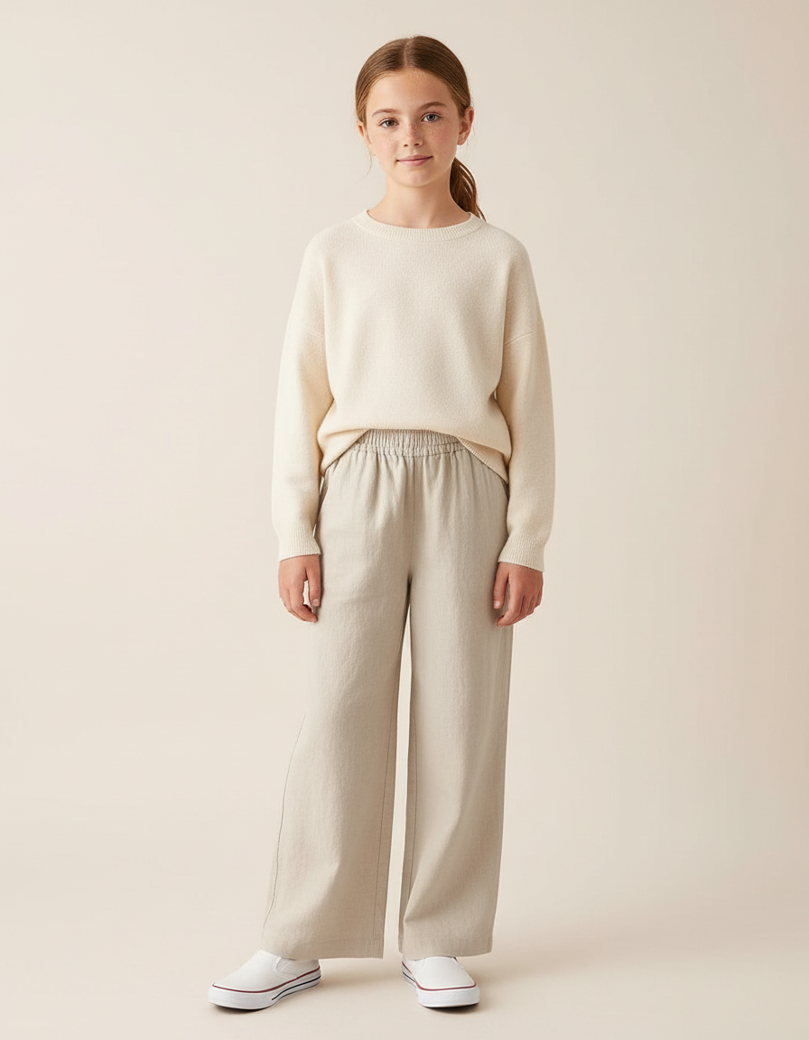 Pantalon Chino Beige Ample Fluide Coton Fille