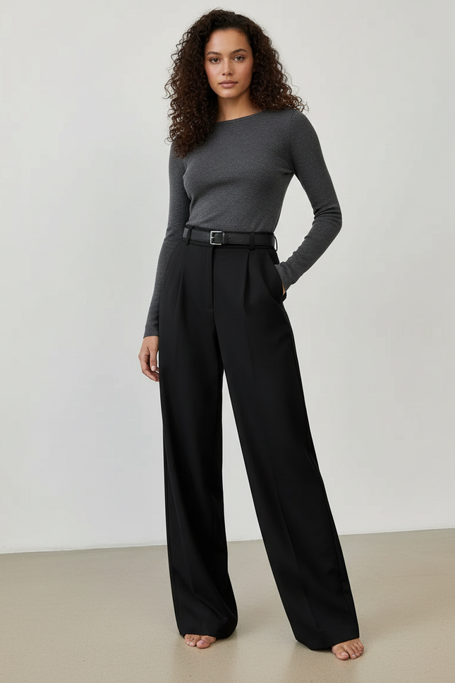 Pantalon Chino Noir Taille Haute Ample Plissé Élégant - Gabardine