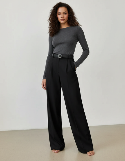 Pantalon Chino Noir Taille Haute Ample Plissé Élégant - Gabardine