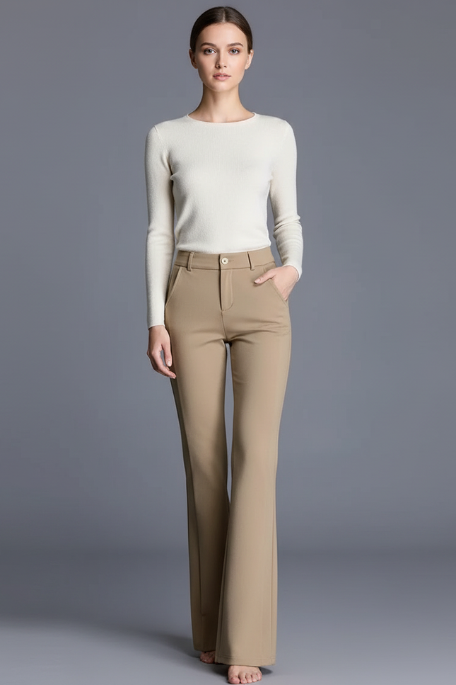 Pantalon Chino Kaki Évasé Taille Haute Élégant Femme - Gabardine